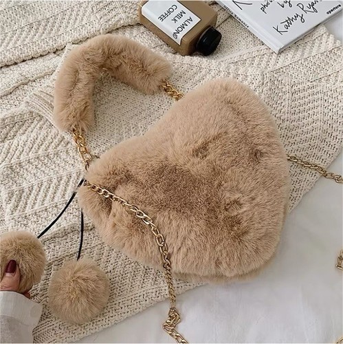 Beige Faux Fur Crescent Shoulder Bag Gold Chain Strap