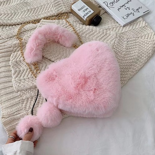 Pink Faux Fur Heart Shoulder Bag Gold Chain Strap Pom Pom