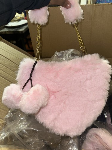 Pink Faux Fur Heart Shoulder Bag Gold Chain Strap Pom Pom - photo 3