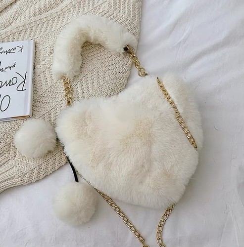 White Faux Fur Cat Shoulder Bag Gold Chain Strap