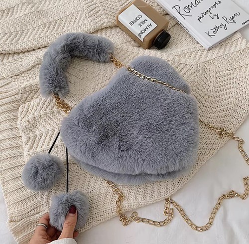 Gray Faux Fur Heart Top Handle Bag Gold Chain Strap Detachable P