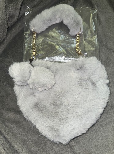 Gray Faux Fur Heart Top Handle Bag Gold Chain Strap Detachable P - photo 2