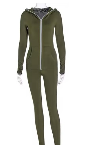 Women's Green Hooded Zip Front Skinny Leg Jumpsuit, Size S - photo 2