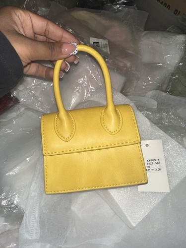 Yellow Faux Leather Mini Top Handle Bag Flap Closure Stitching H