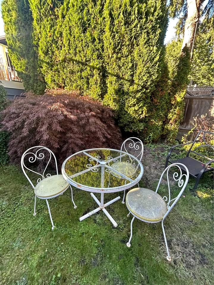 Vintage Wrought Iron Bistro Set with Glass Top Table and 3 Chair