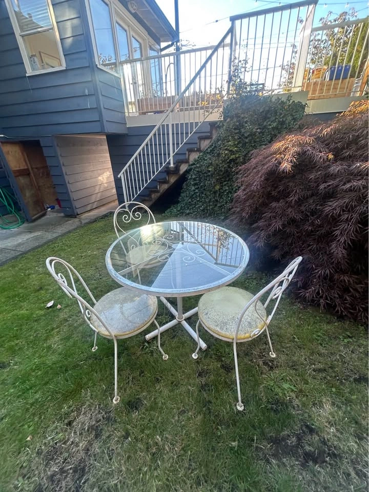 Vintage Wrought Iron Bistro Set with Glass Top Table and 3 Chair - photo 2