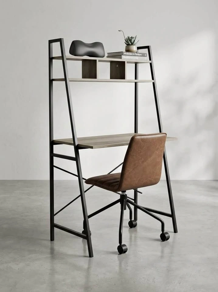 Modern Industrial Ladder Desk and Faux Leather Chair Set