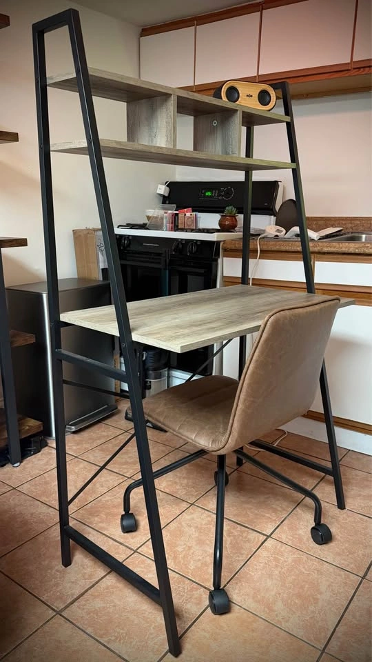 Modern Industrial Ladder Desk and Faux Leather Chair Set - photo 2