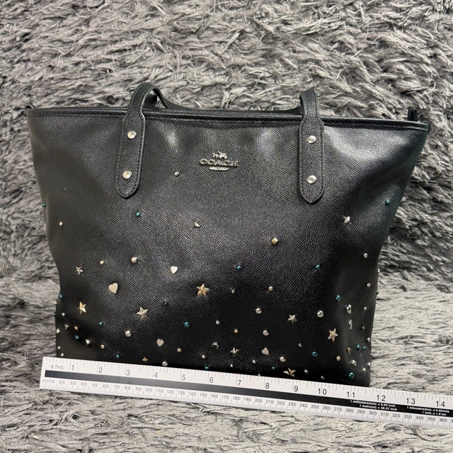 Coach Black Leather Star & Stud Embellished Tote