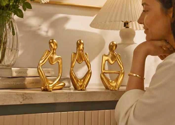 Brand New In Box Set of 3 Gold Abstract Thinker Statues