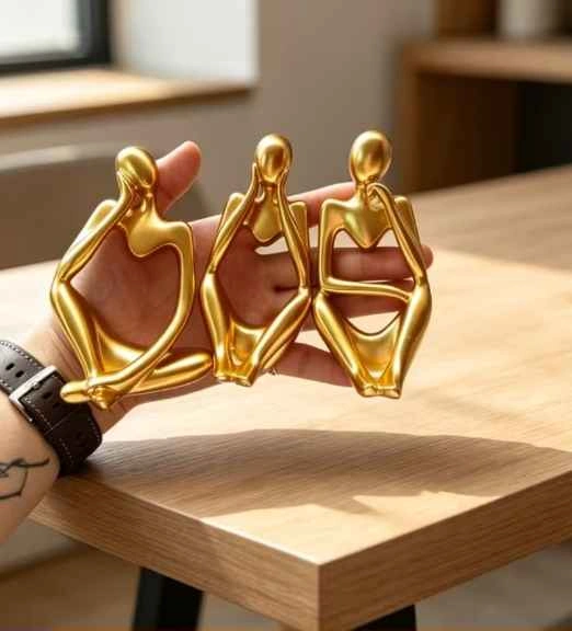 Brand New In Box Set of 3 Gold Abstract Thinker Statues - photo 2