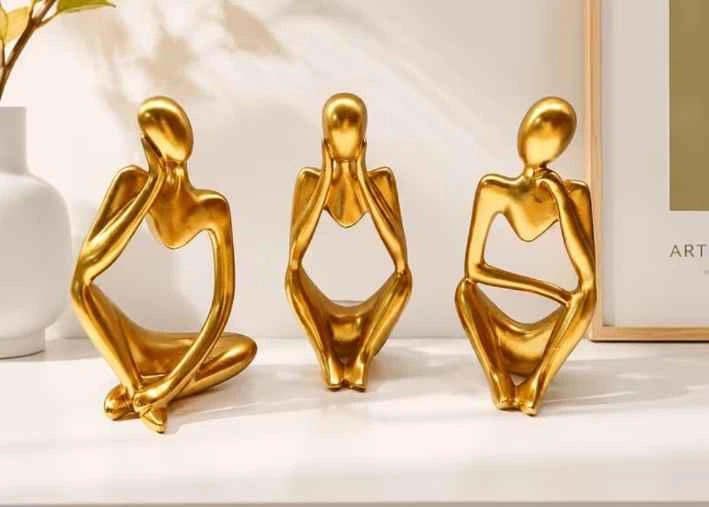Brand New In Box Set of 3 Gold Abstract Thinker Statues - photo 3