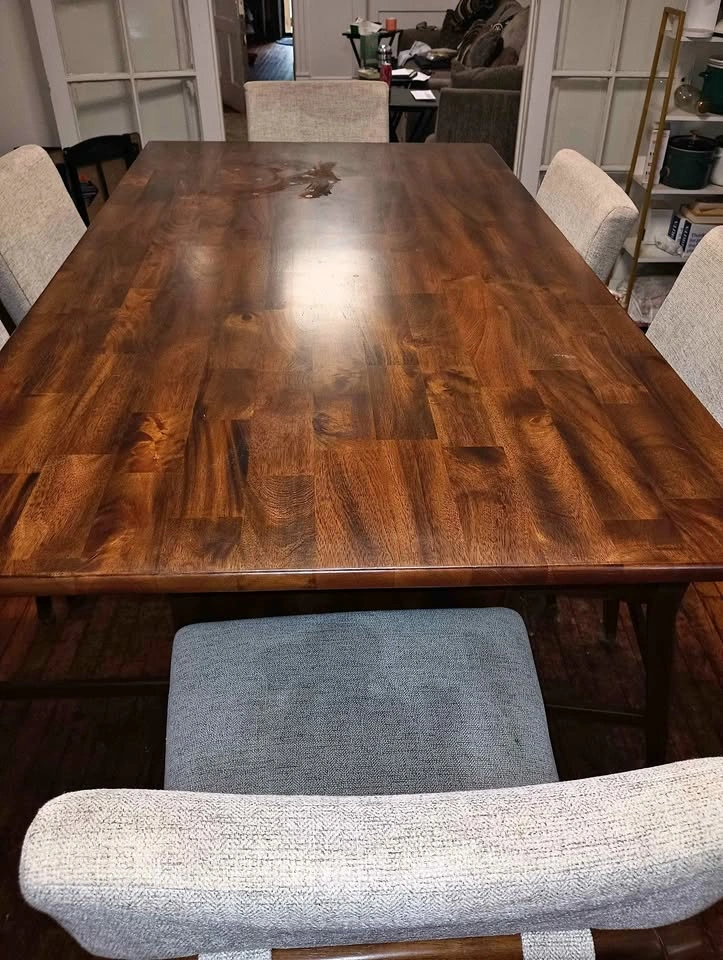 7pc Walnut Table and Upholstered Chairs