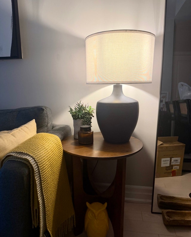 Grey Ceramic Table Lamp with Linen Drum Shade – Great Condition