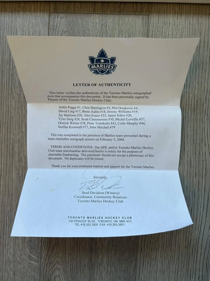 Toronto Marlies Team-Signed Hockey Stick + Letter of Authenticit - photo 4