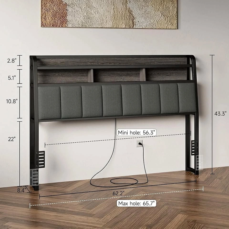 Queen Headboard Only with Storage, Charging Station, Black & Gre