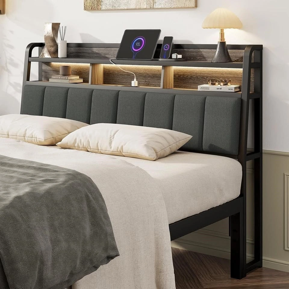 Queen Headboard Only with Storage, Charging Station, Black & Gre - photo 2
