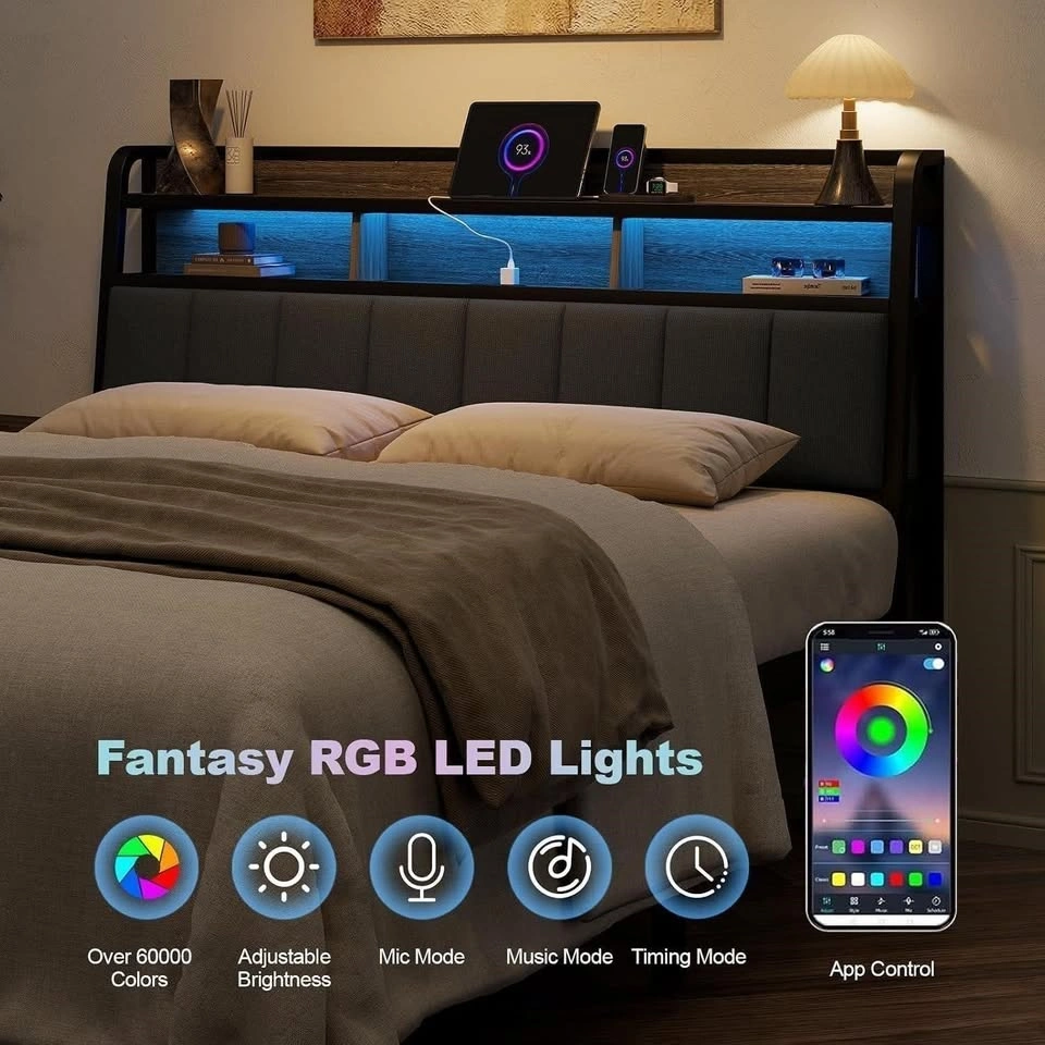 Queen Headboard Only with Storage, Charging Station, Black & Gre - photo 3