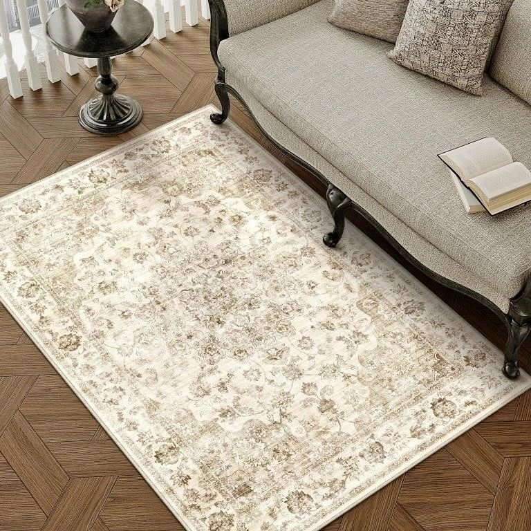 Washable Area Rug 4x5 for Entryway Beige Neutral Carpet