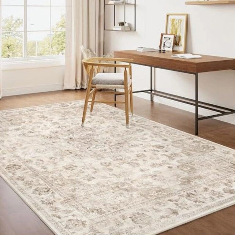 Washable Area Rug 4x5 for Entryway Beige Neutral Carpet - photo 2