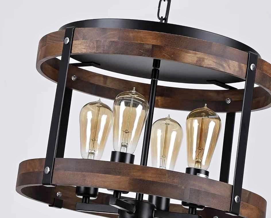4-Light Large Rustic Farmhouse Wood Drum Pendant Light