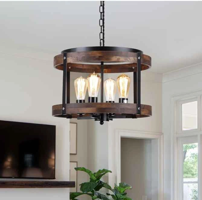 4-Light Large Rustic Farmhouse Wood Drum Pendant Light - photo 4