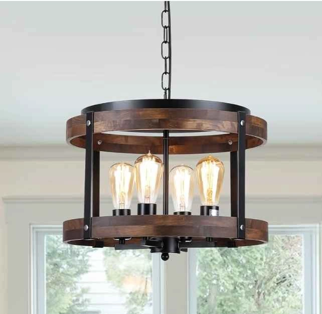 4-Light Large Rustic Farmhouse Wood Drum Pendant Light - photo 5
