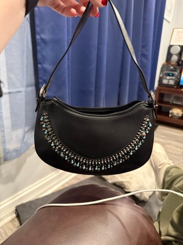 Stuart Weitzman Black Leather Beaded Shoulder Bag