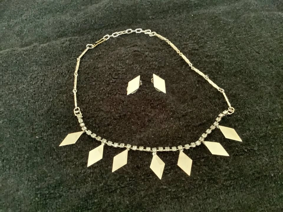 Vintage Mid-Century Rhinestone Necklace & Clip-On Earring Set
