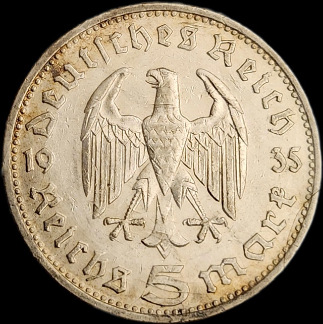 1935 Silver German Imperial 'D', 5 Reichmark coin XF/VF