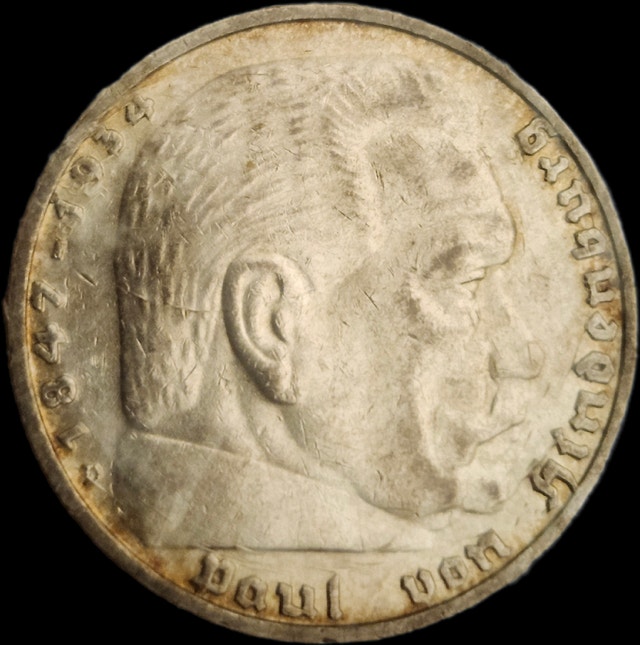 1935 Silver German Imperial 'D', 5 Reichmark coin XF/VF - photo 2