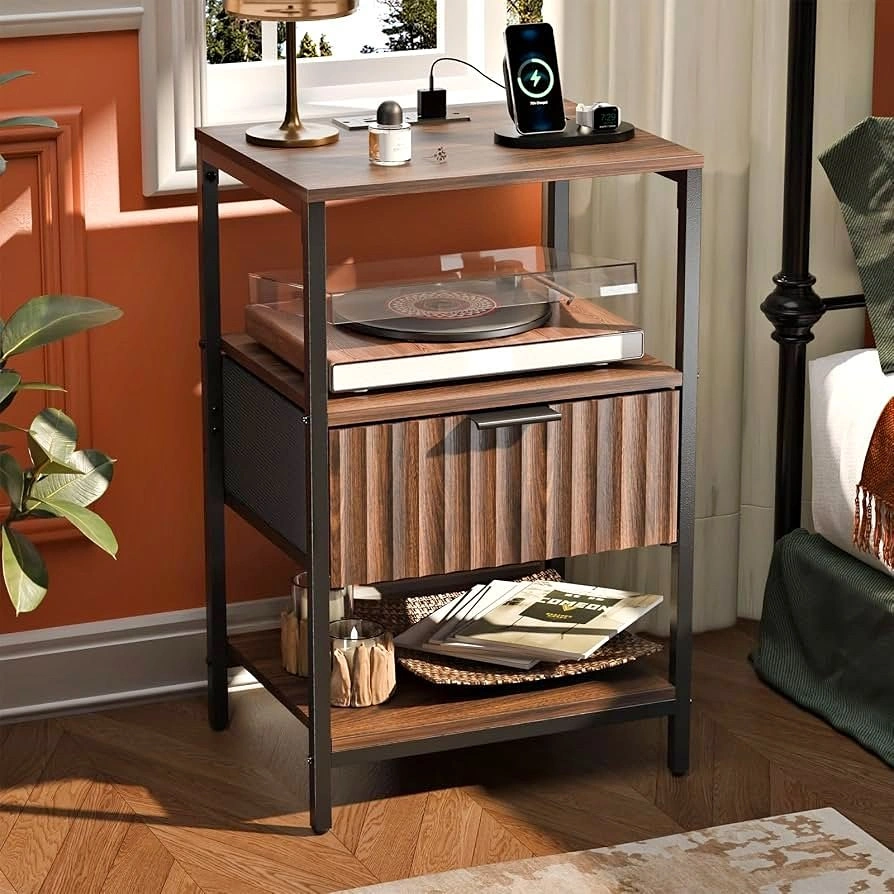 NEW Fluted Nightstand w/ Built-in Charging (Walnut)