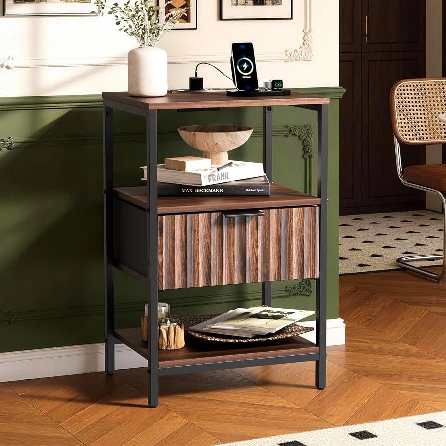 NEW Fluted Nightstand w/ Built-in Charging (Walnut) - photo 2