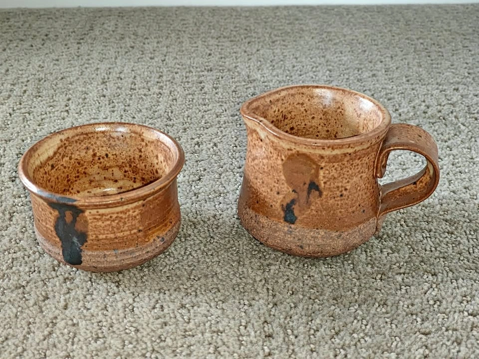 Handmade Studio Pottery Creamer & Matching Bowl Set (Signed)