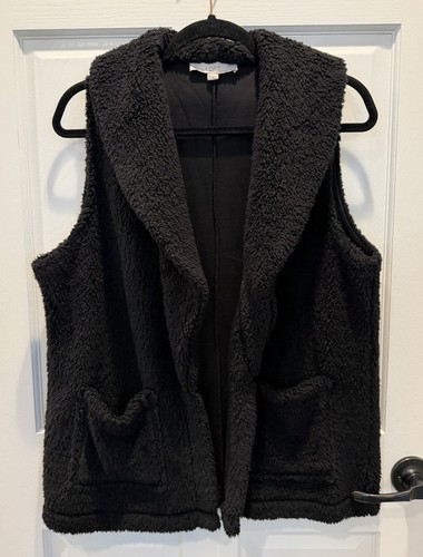 LOFT Open Front Black SHERPA VEST Size Women's LARGE With Pocket