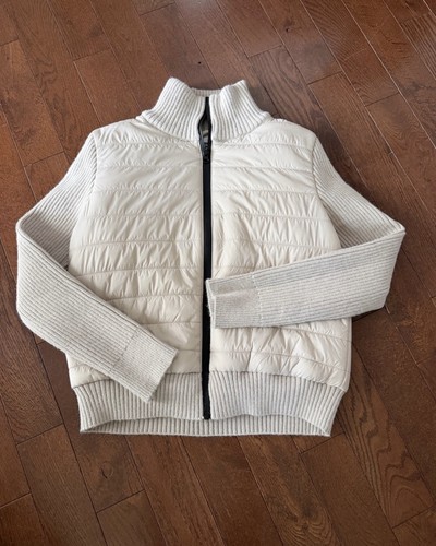 Women’s Large Beige Puffer Jacket with Knit Sleeves & Neck