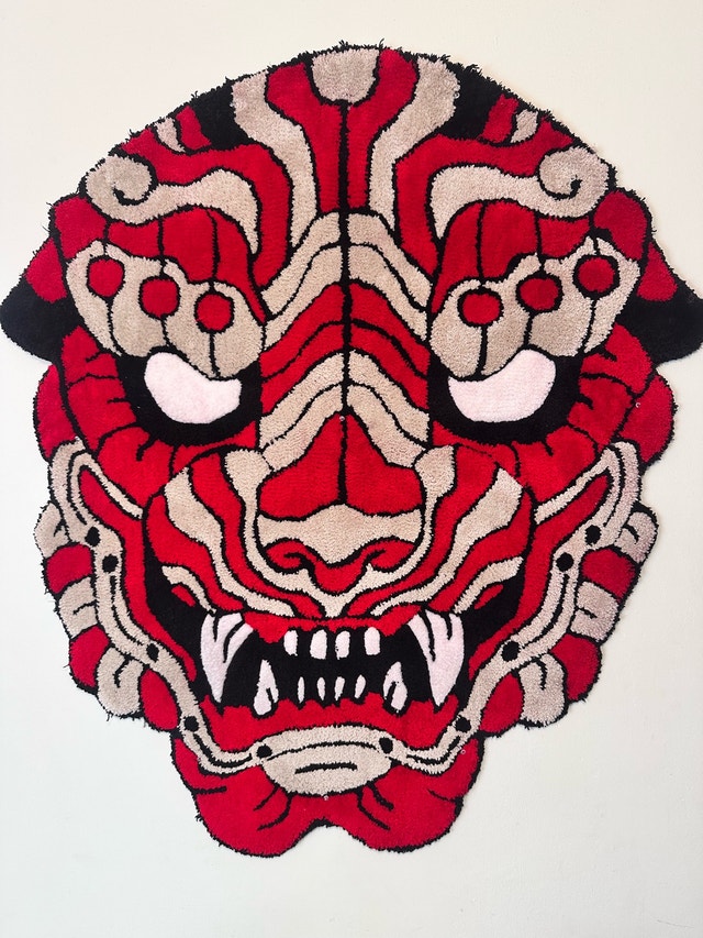 Handmade Red Oni Mask Tufted Rug / Wall Art