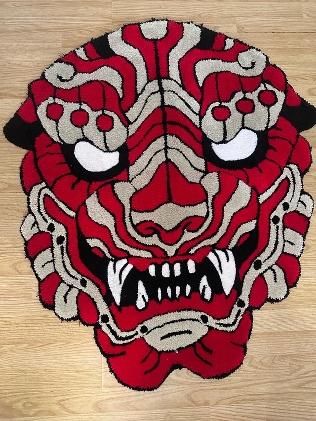 Handmade Red Oni Mask Tufted Rug / Wall Art - photo 2