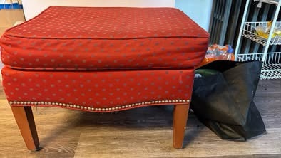 Designer Red Polka Dot Ottoman with Wood Legs - $80