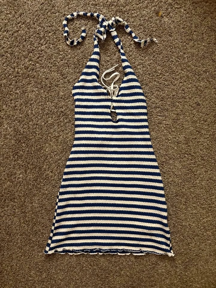 SHEIN Navy and White Striped Backless Halter Dress