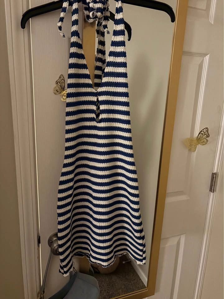 SHEIN Navy and White Striped Backless Halter Dress - photo 3