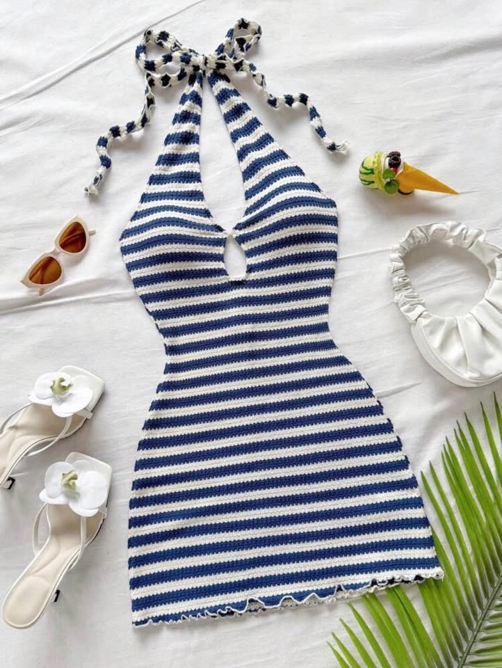 SHEIN Navy and White Striped Backless Halter Dress - photo 5