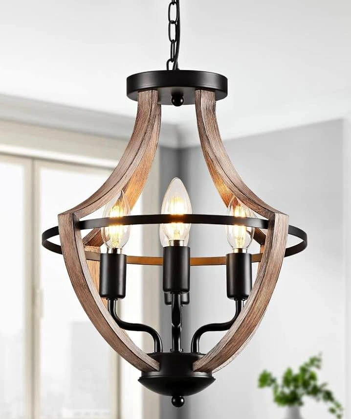2-in-1 Farmhouse Chandelier – 4-Light Black & Wood Pendant