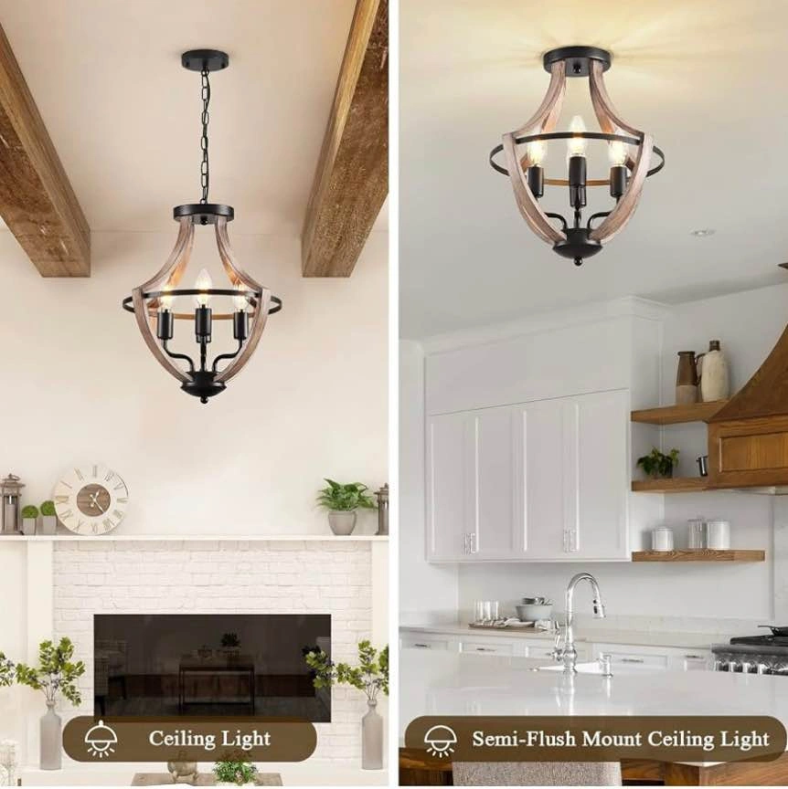 2-in-1 Farmhouse Chandelier – 4-Light Black & Wood Pendant - photo 2