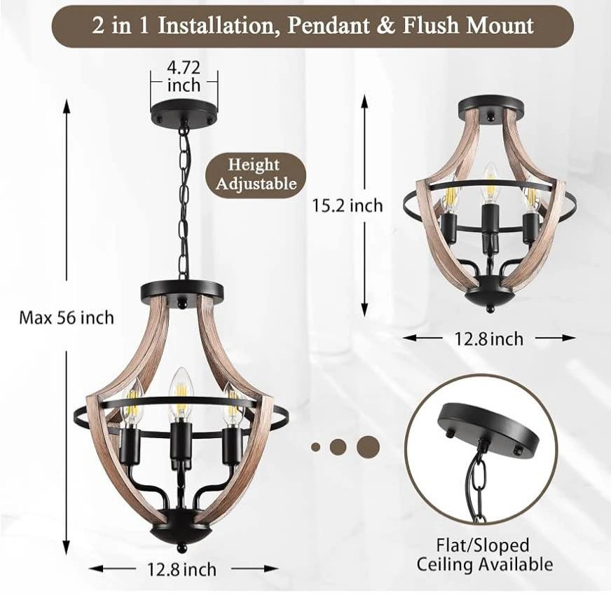 2-in-1 Farmhouse Chandelier – 4-Light Black & Wood Pendant - photo 3