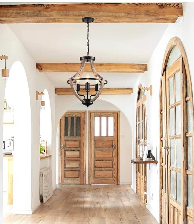 2-in-1 Farmhouse Chandelier – 4-Light Black & Wood Pendant - photo 5
