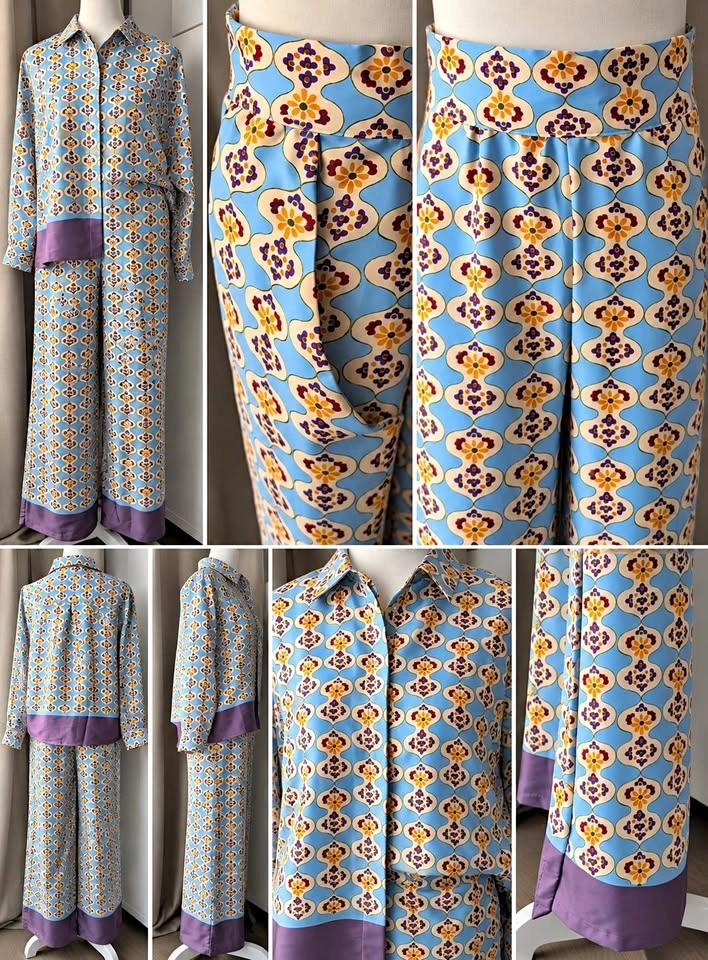 Zara Geometric Print Satin Co-Ord Set – Shirt + Trousers, S