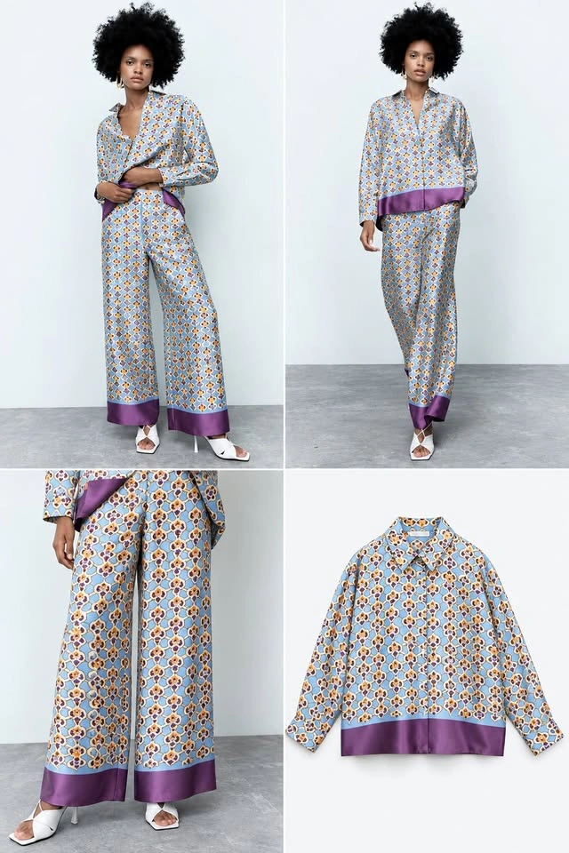 Zara Geometric Print Satin Co-Ord Set – Shirt + Trousers, S - photo 4