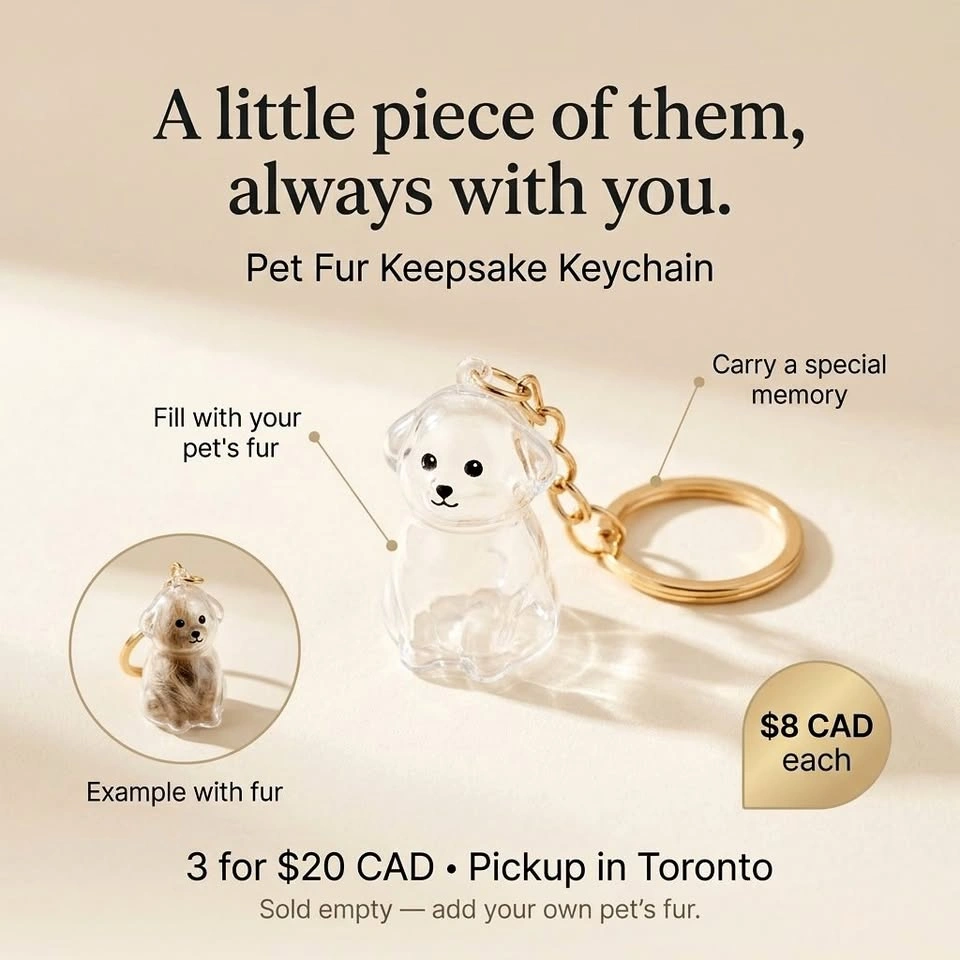 Pet Fur Keepsake Keychain – Dog & Cat Designs – $8 Each