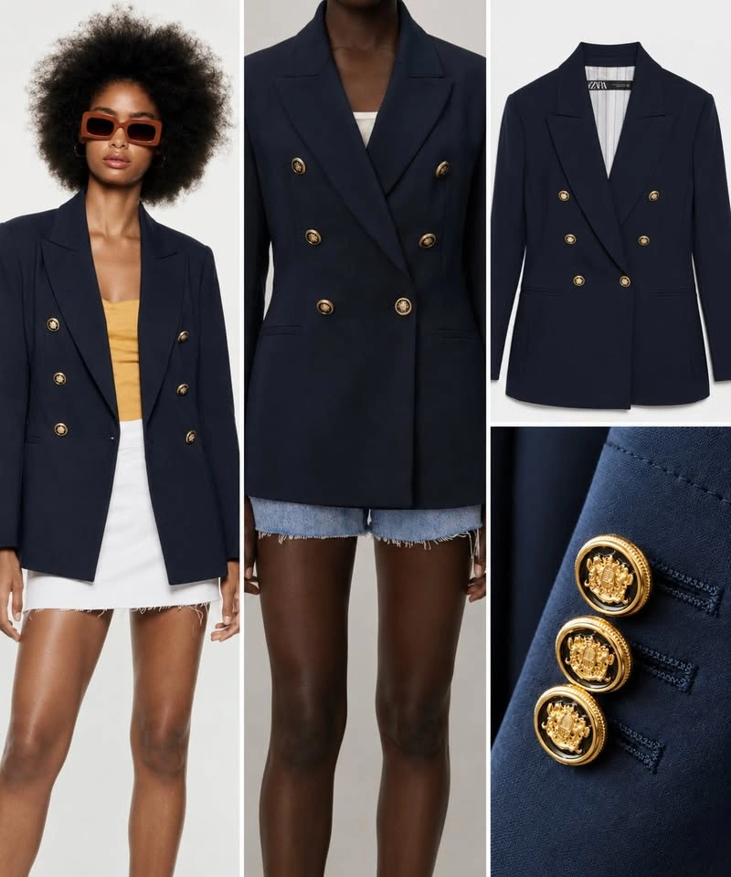 Zara Navy Double-Breasted Blazer – Gold Buttons, Size XS/Fits S - photo 5